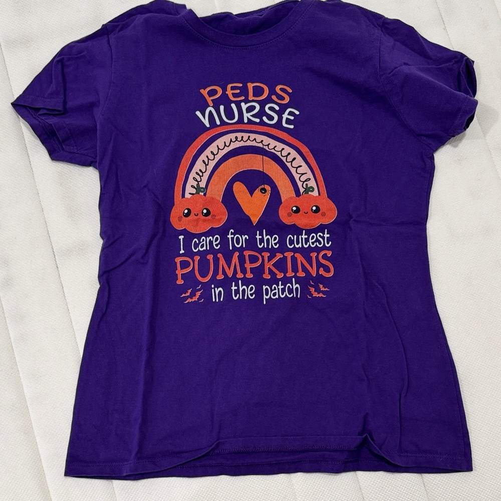 Purple Graphic Tee with Pumpkin Peds Nurse Design